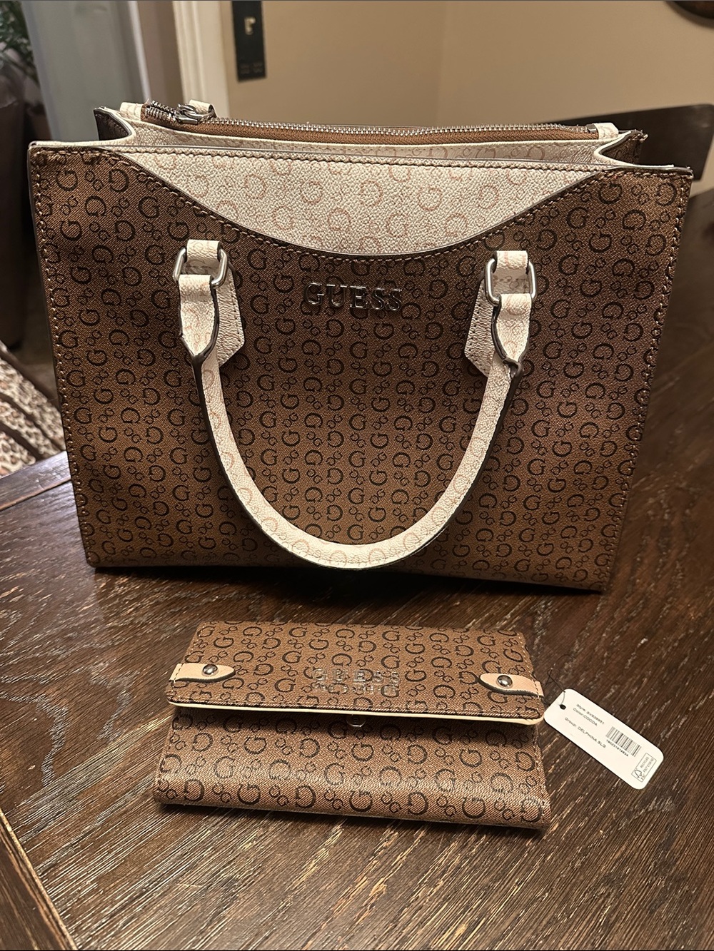 GUESS Brown Monogram Tote with Light Tan Trim and Matching Wallet